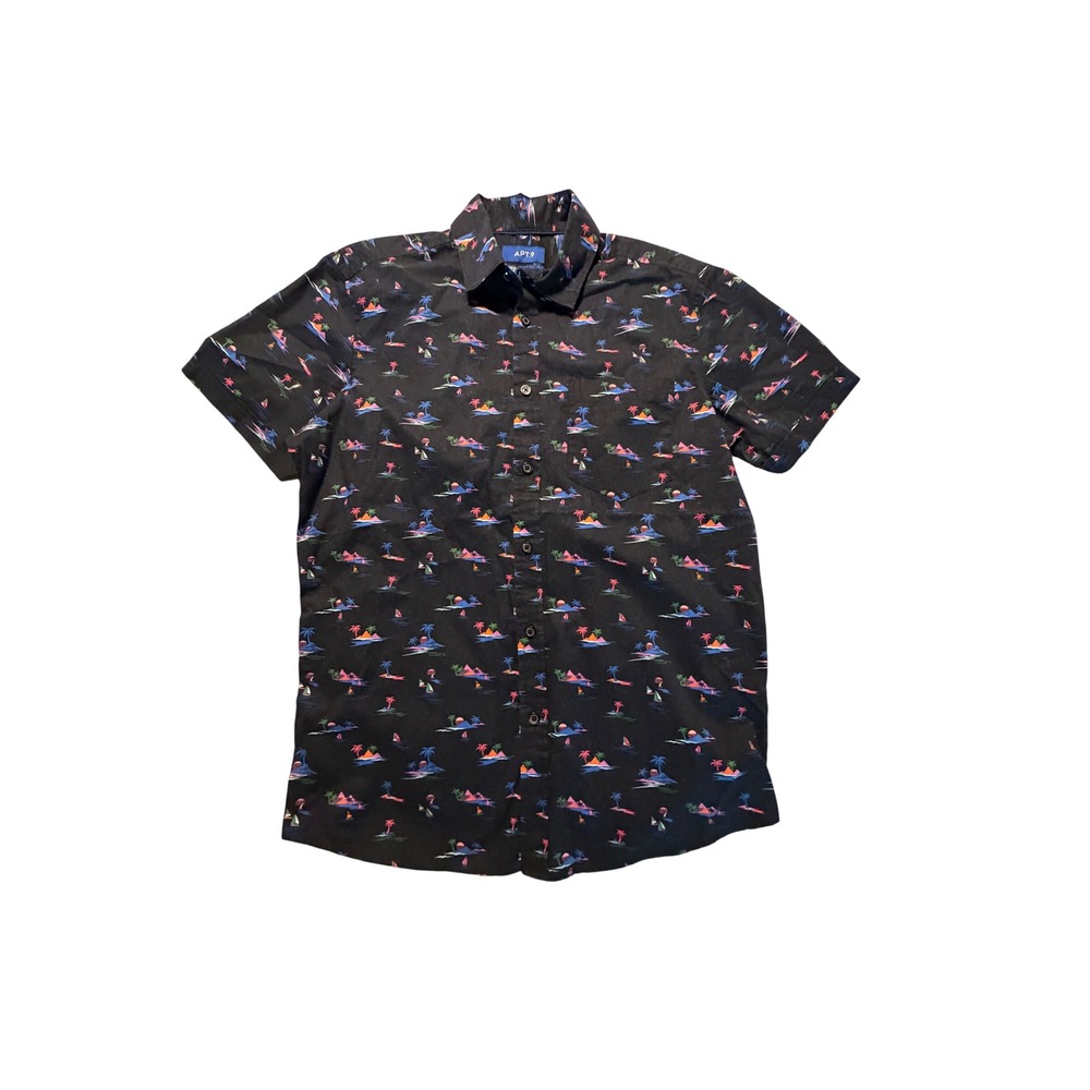 Apt 9 Mens Short Sleeve Button Down Shirt Black Tropical Island Palm Tree Small